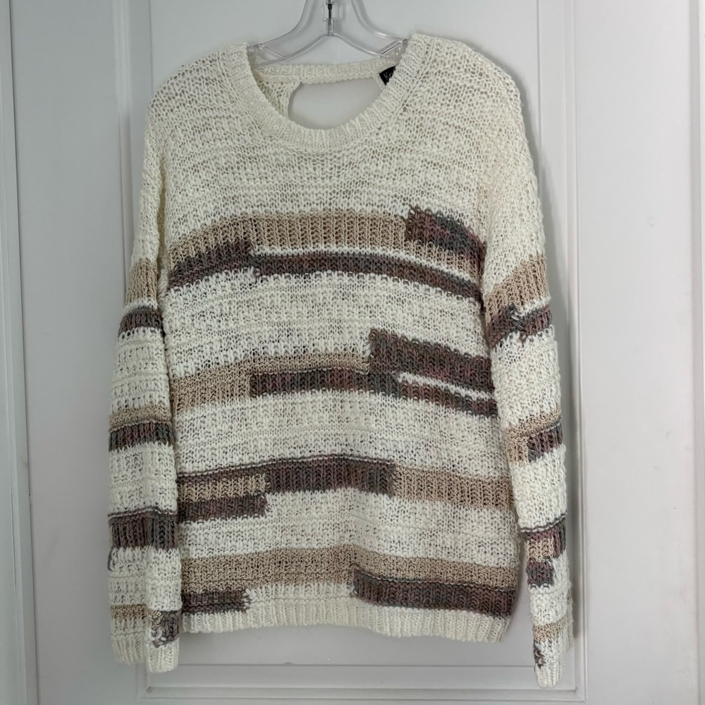 Knitizen Cream and Brown Crew Neck Keyhole Knit Sweater